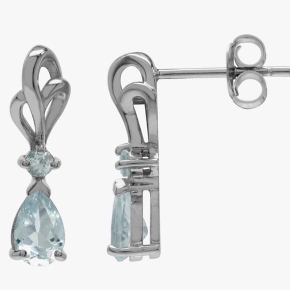 Genuine Aquamarine White Gold Plated 625 Sterling Silver Ribbon Drop - Picture 1 of 1